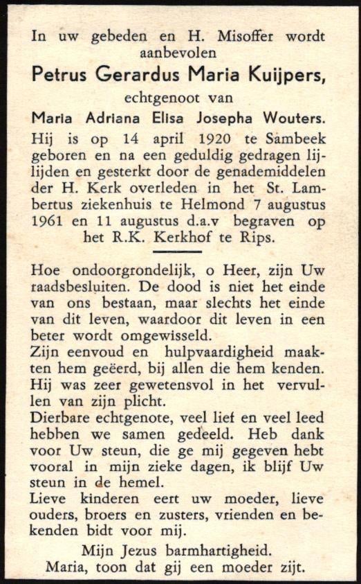 Kuijpers Petrus Gerardus M. Sambeek 1920-1961 Rips, Ophalen of Verzenden