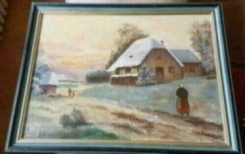 Olieverf winterlandschap boerderij Gré Otten   G.O.M., Ophalen