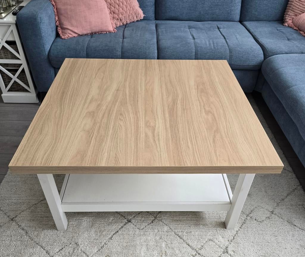 Vierkante salontafel wit onderstel, licht bruin blad, Ophalen, 50 tot 100 cm, Vierkant, 50 tot 100 cm