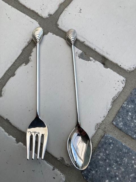 Mooie verzilverd Shell vork en lepeltje, Ophalen of Verzenden