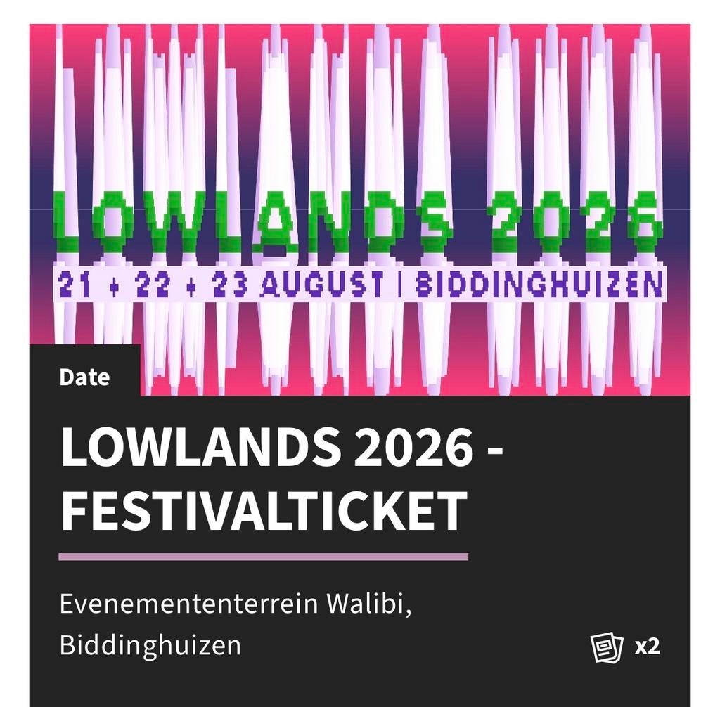 2x Lowlands regulier festivalticket, Twee personen