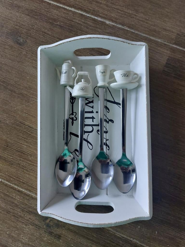 Riviera Maison set 4 lepeltjes en tray, Ophalen of Verzenden, Zo goed als nieuw, Rvs of Chroom