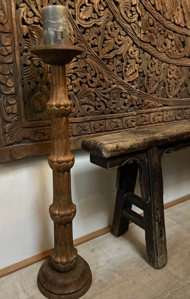 Oude houten vloer kandelaar India oosters sober bohemian, Ophalen of Verzenden