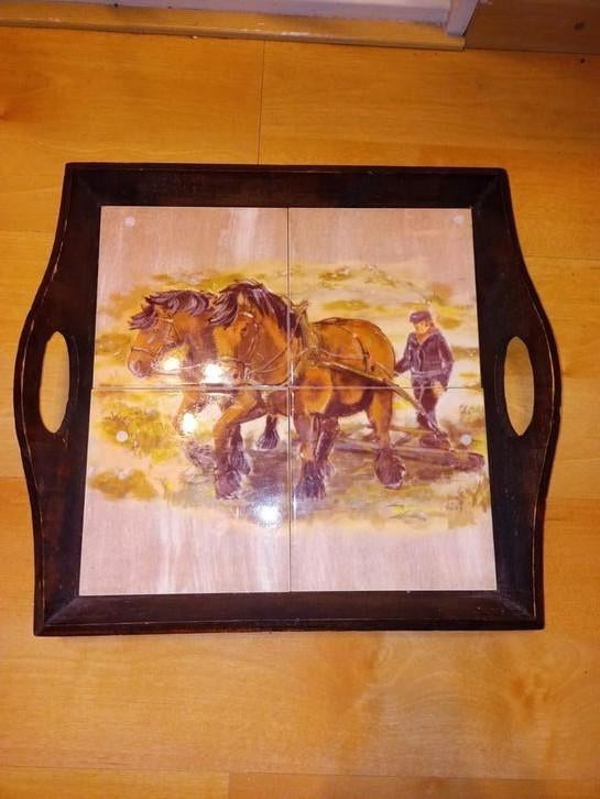 Mooi houten dienblad met decoratieve tegels, Ophalen of Verzenden, Zo goed als nieuw, Vierkant, Hout
