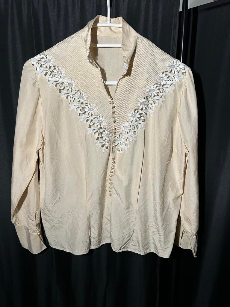 Vintage blouse jaren '60 met kant, parelknoopjes, bloem, Ophalen of Verzenden, Dames