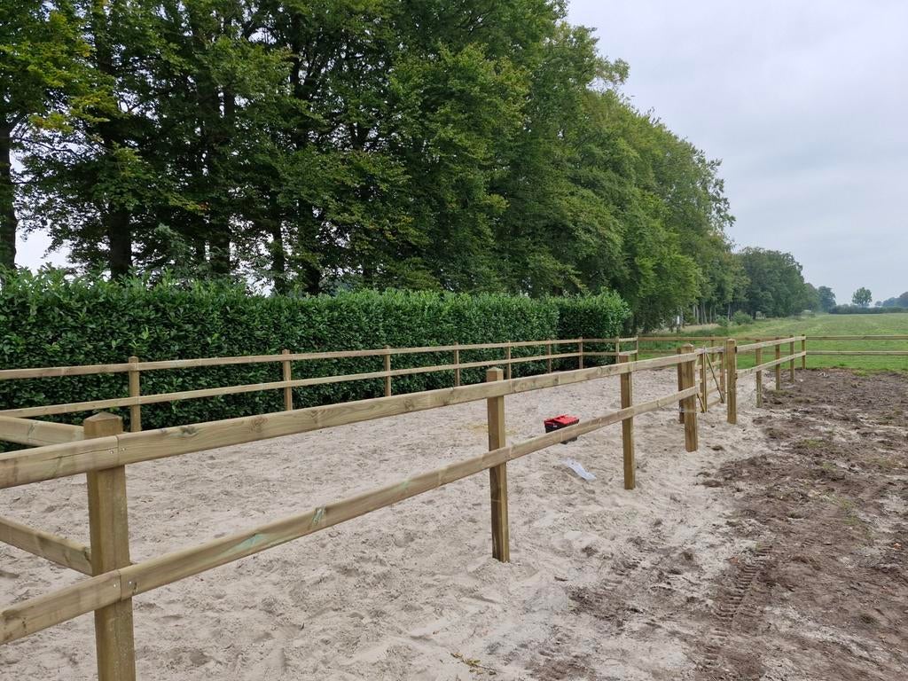 houten omheining paardenbak paddock machinaal houten hek, Weidegang, 4 paarden of pony's of meer