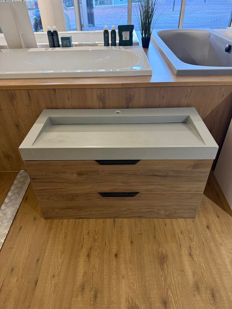 Grijze Solidsurface wastafel met onderkast 100cm 1 kraangat, Huis en Inrichting, Badkamer | Badkamermeubels, Ophalen, 100 tot 150 cm