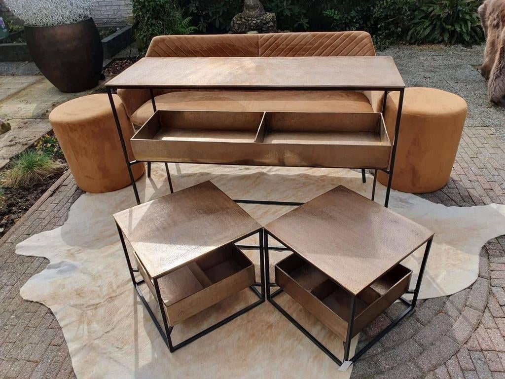 Console tafel met 2 bijzettafels - Goud/Zwart, Huis en Inrichting, Tafels | Salontafels, Ophalen, Modern, Industrieel, Luxe, 50 tot 100 cm