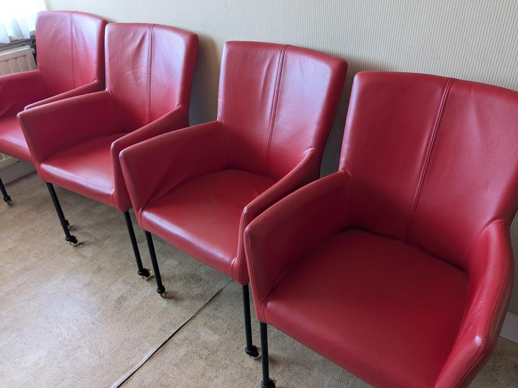 Set van 4 rode leren eetkamerstoelen, Huis en Inrichting, Stoelen, Ophalen, Leer, Zo goed als nieuw, Vier