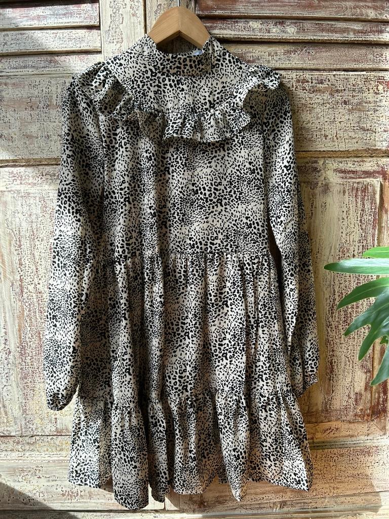Loavies beige jurk XS zwarte panter print swing dress, Beige, Ophalen of Verzenden, Zo goed als nieuw, Maat 34 (XS) of kleiner