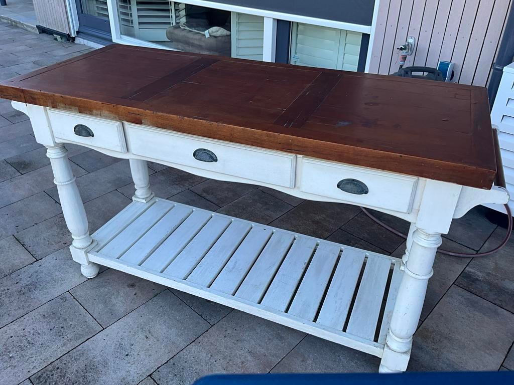 Brocante buffet-/keukentafel - hout & wit - 150 x 61,5  h 91, Ophalen, Gebruikt, 50 tot 100 cm, 150 tot 200 cm