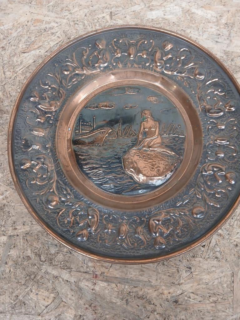 Antieke Koperen Wandplaat met Zeemeermin en Schepen, Ophalen of Verzenden