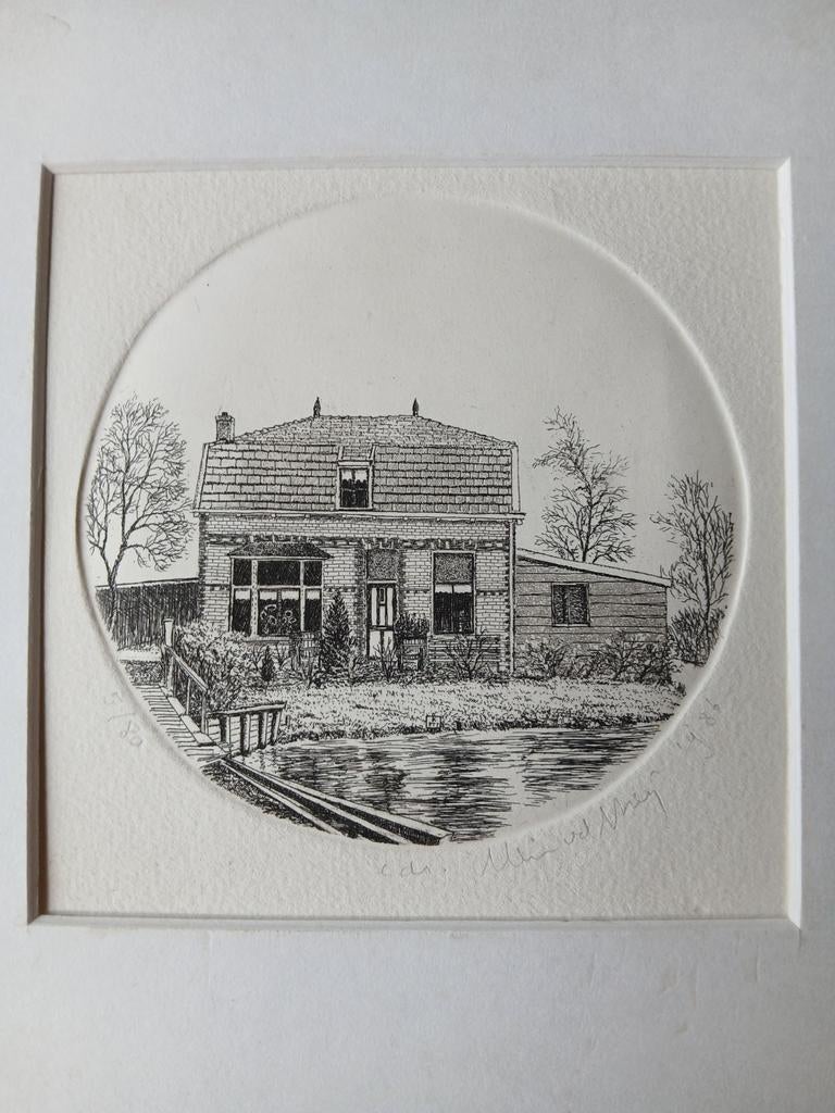 Gesigneerde ets, Wim van der Meij. Huis bij Ter Aar, Antiek en Kunst, Ophalen of Verzenden, Landschap, Origineel, 1950 - 1999