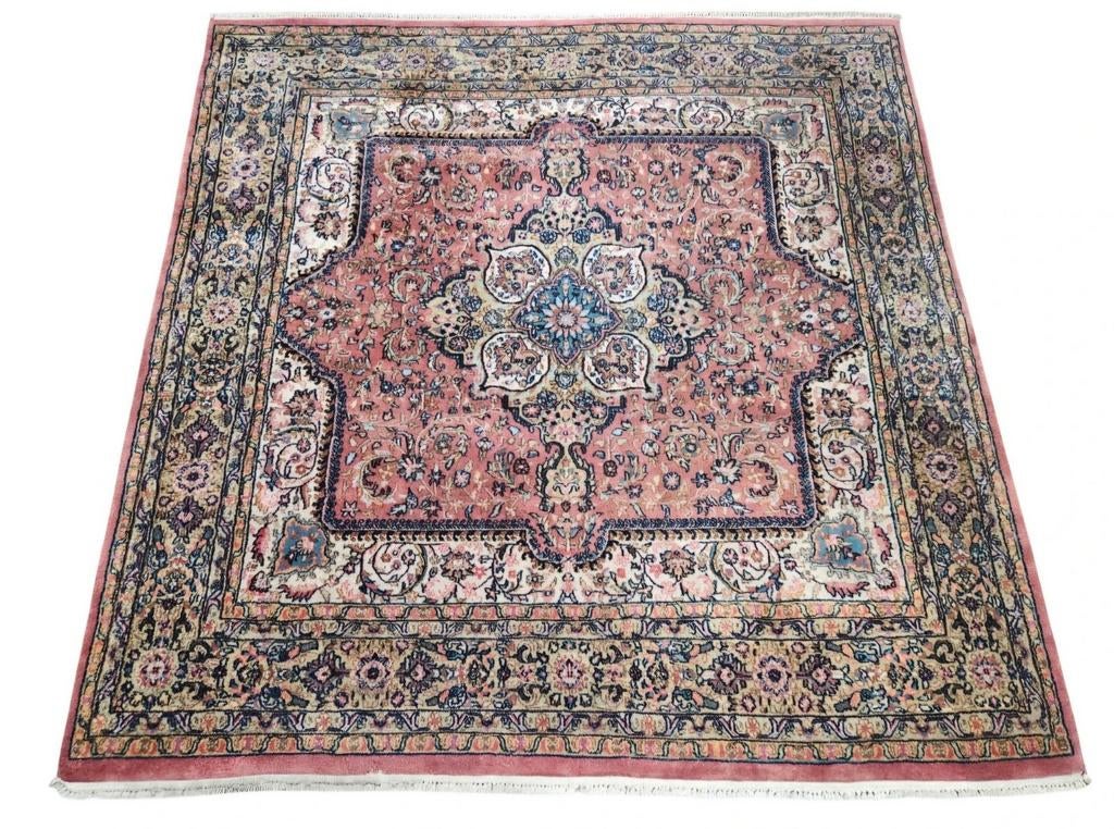Handmade Persian wool Kirman carpet square pink 188x188cm