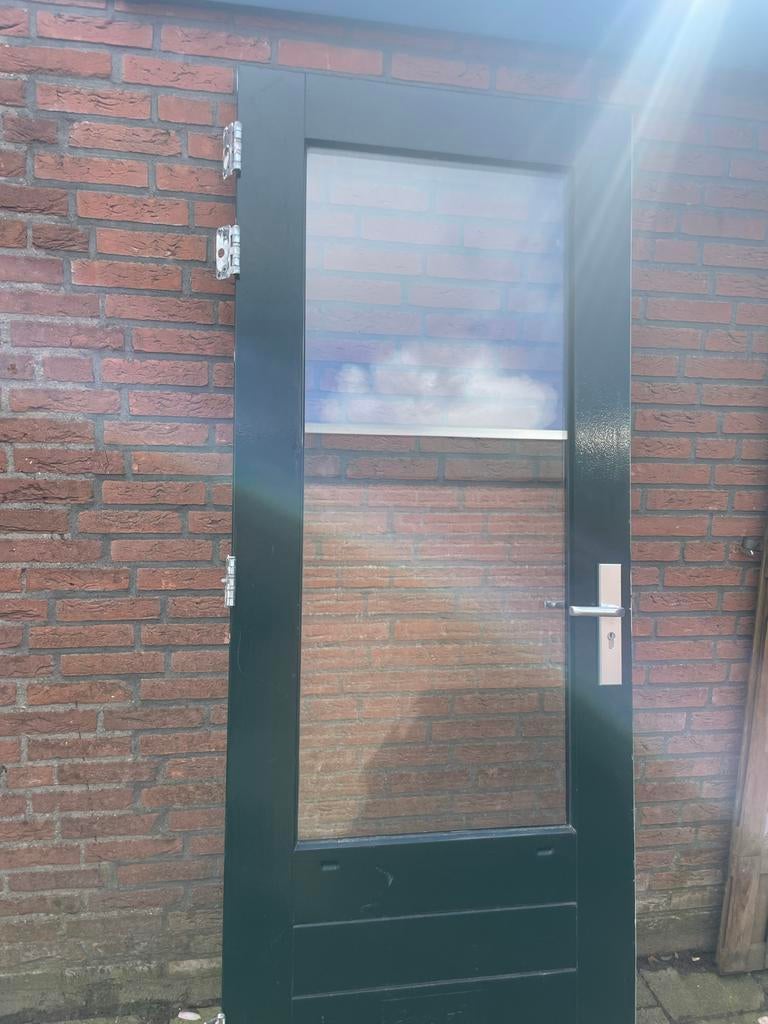 Achterdeur met dubbele glas, wit en donkergroen, Ophalen, Gebruikt, 80 tot 100 cm, 200 tot 215 cm