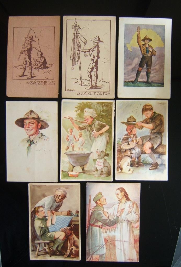 8 scouting padvinders ansichtkaarten Hongarije voor 1940, Verzenden, Gebruikt, Overige typen