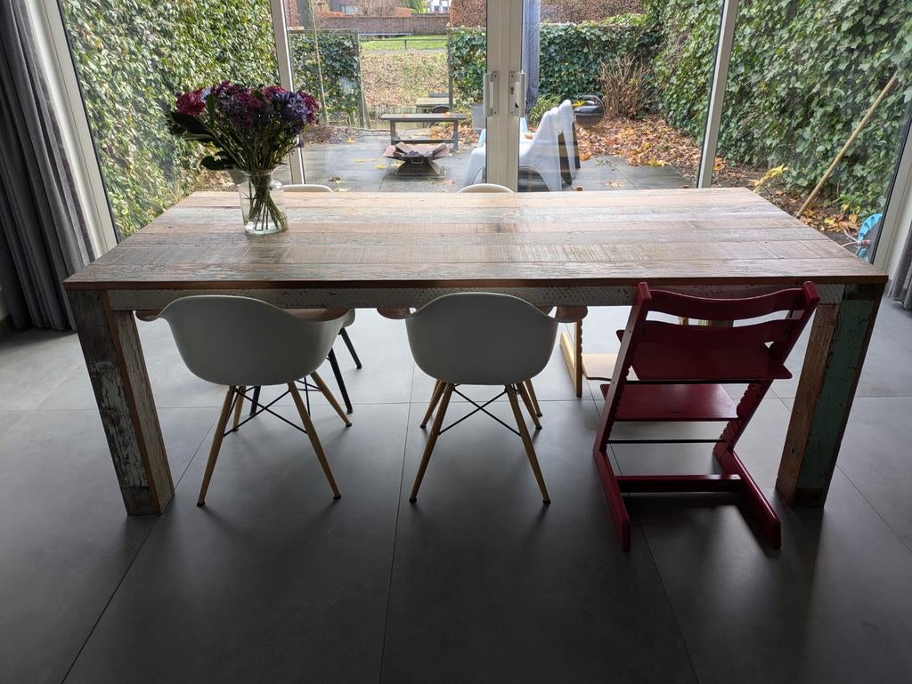 Unieke Sloophouten Tafel met Leuke Kleurtjes, Ophalen, 100 tot 150 cm, Vijf personen of meer, 150 tot 200 cm