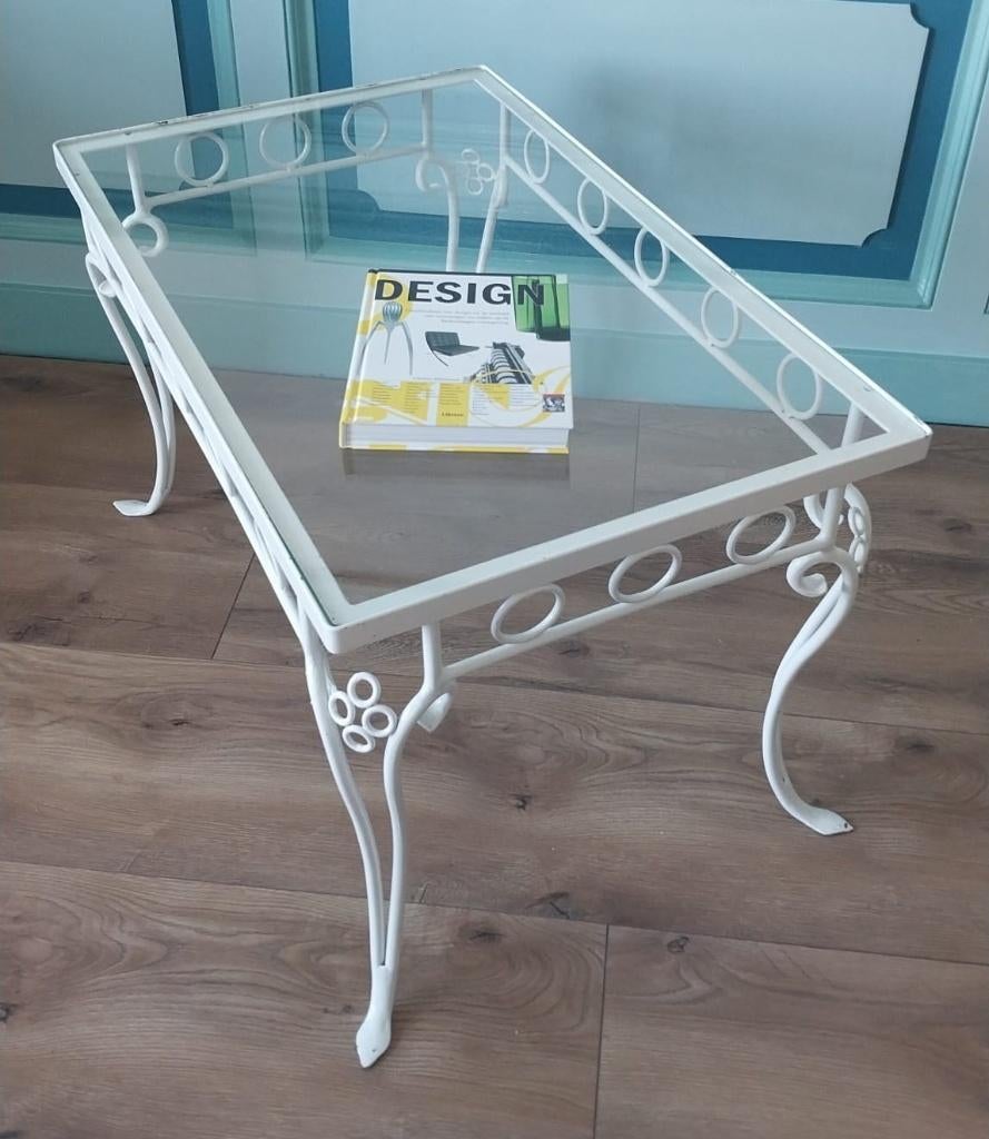 Salontafel, smeedwerk wit, glasplaat, jaren 50, vintage., Ophalen, Jaren 50 romantisch, Gebruikt, 50 tot 100 cm