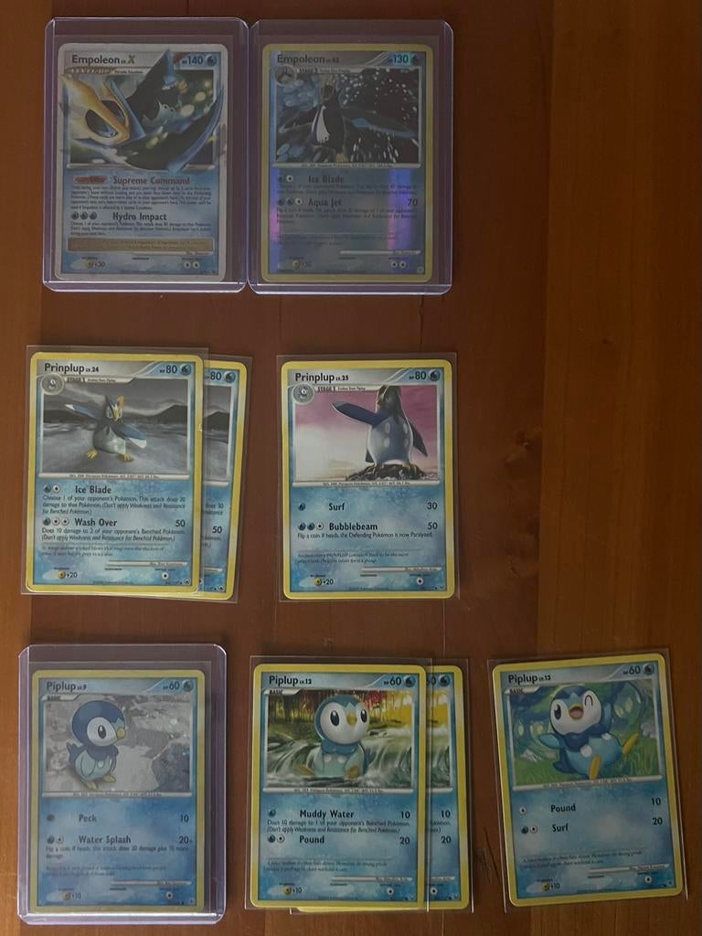 Pokemon Piplup, Prinplup, en Empoleon collectie., Ophalen of Verzenden, Zo goed als nieuw, Meerdere kaarten