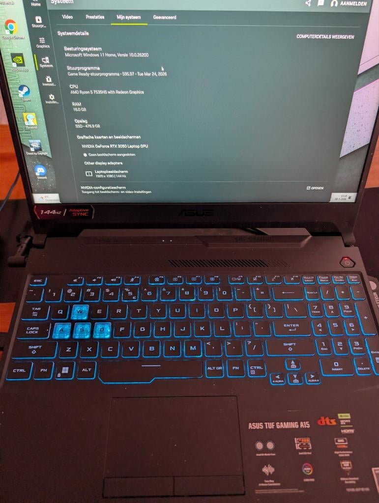 Asus TUF A15 gaming laptop, 15 inch, RTX 3050, Garantie, Met videokaart, Zo goed als nieuw, Gaming, SSD