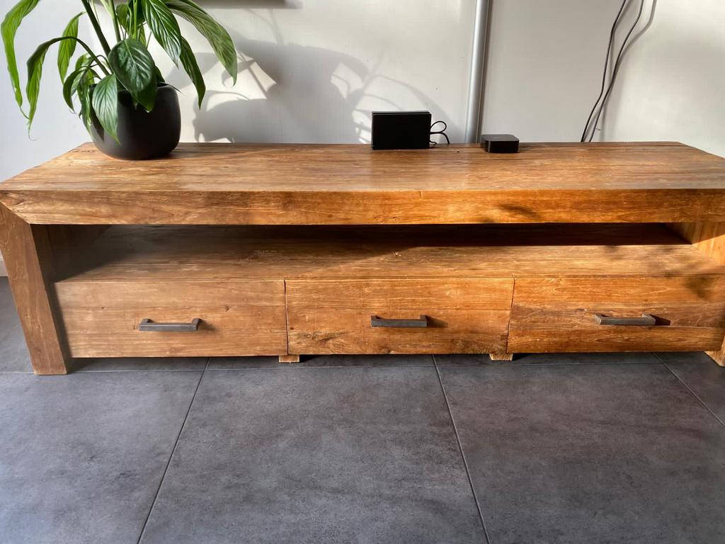 Teakhouten tv meubel, Huis en Inrichting, Kasten | Televisiemeubels, Ophalen, Gebruikt, 150 tot 200 cm, Teakhout