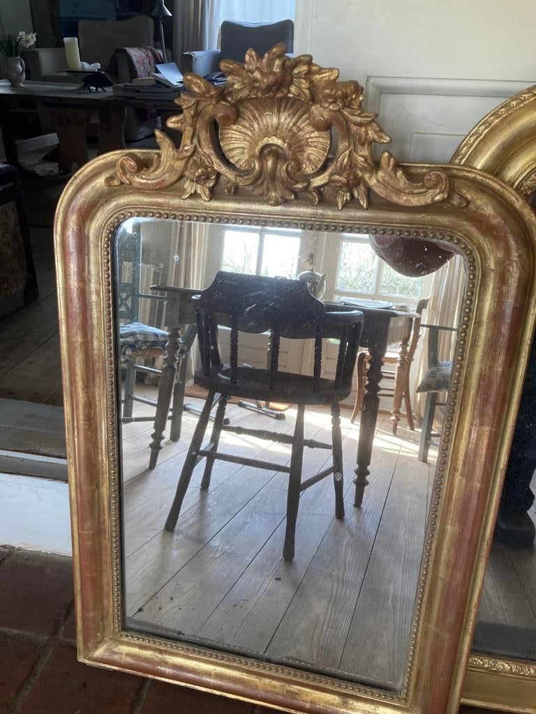 Antieke franse bladgouden spiegel met schelpkuifje, Antiek en Kunst, Ophalen, Rechthoekig, Minder dan 50 cm