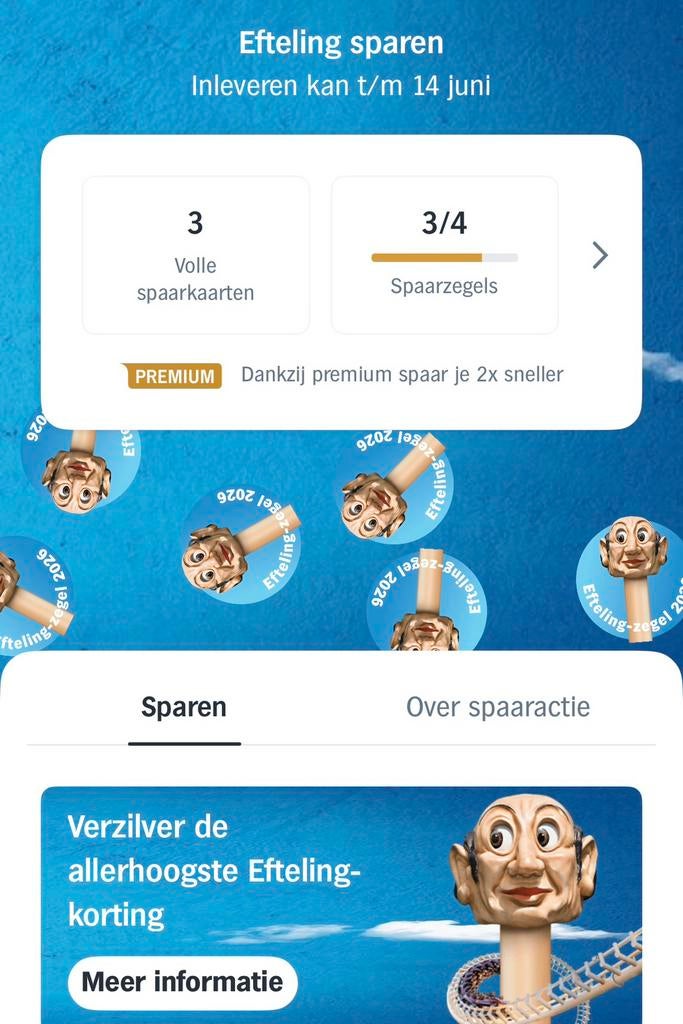 Albert Heijn 3 volle spaarkaart zegels Efteling sparen, Ophalen, Winkel, Super of Benzinepomp, Volle spaarkaart