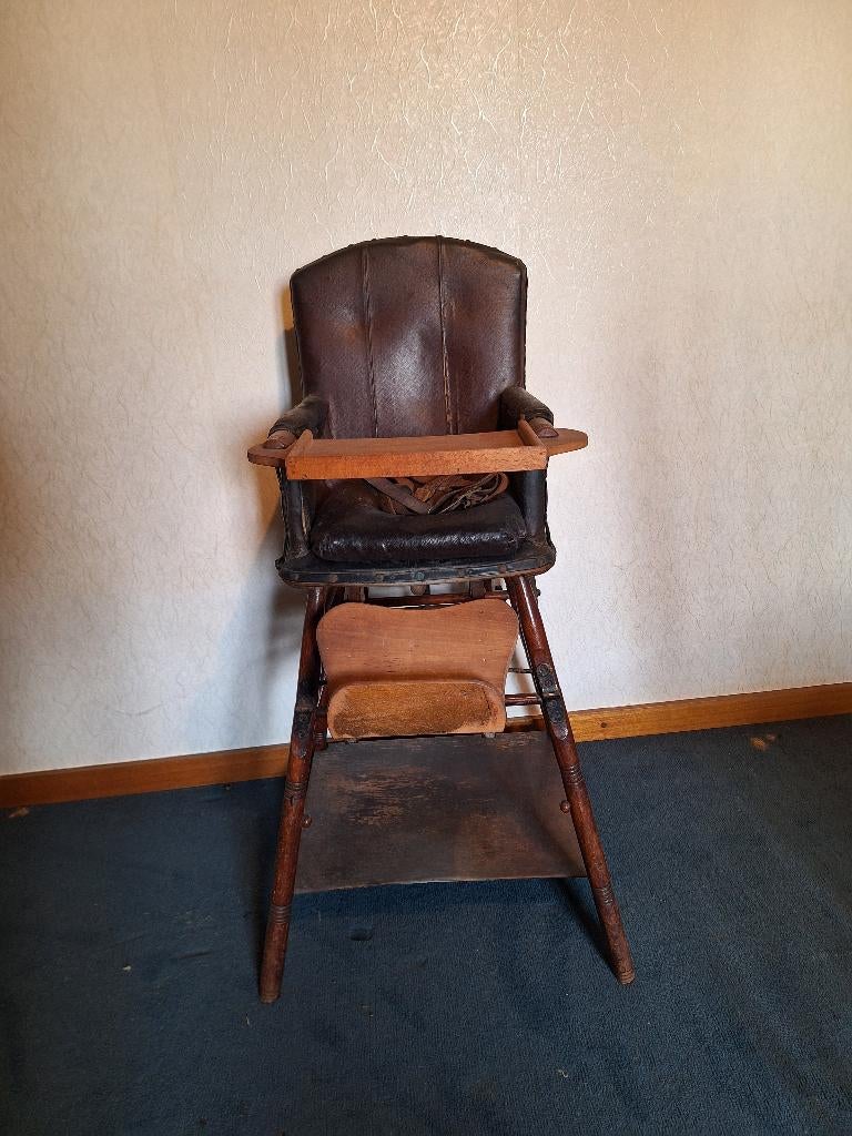 oude houten lederen kinderstoel, eind 1800, Antiek en Kunst, Ophalen