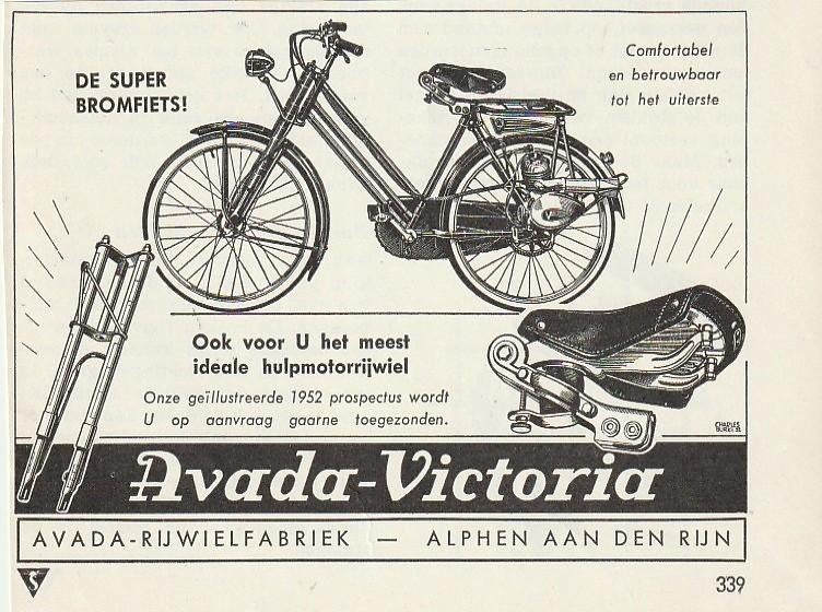Retro reclame 1952 Avada Victoria Alphen aan de Rijn brommer, Verzamelen, Retro, Overige typen, Verzenden