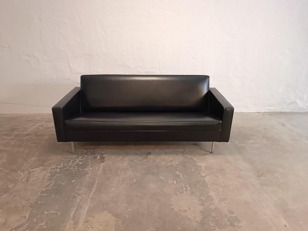 Vintage mid century vinyl leren bank, zwart, Ophalen, Tweedehands, 150 tot 200 cm, Tweepersoons