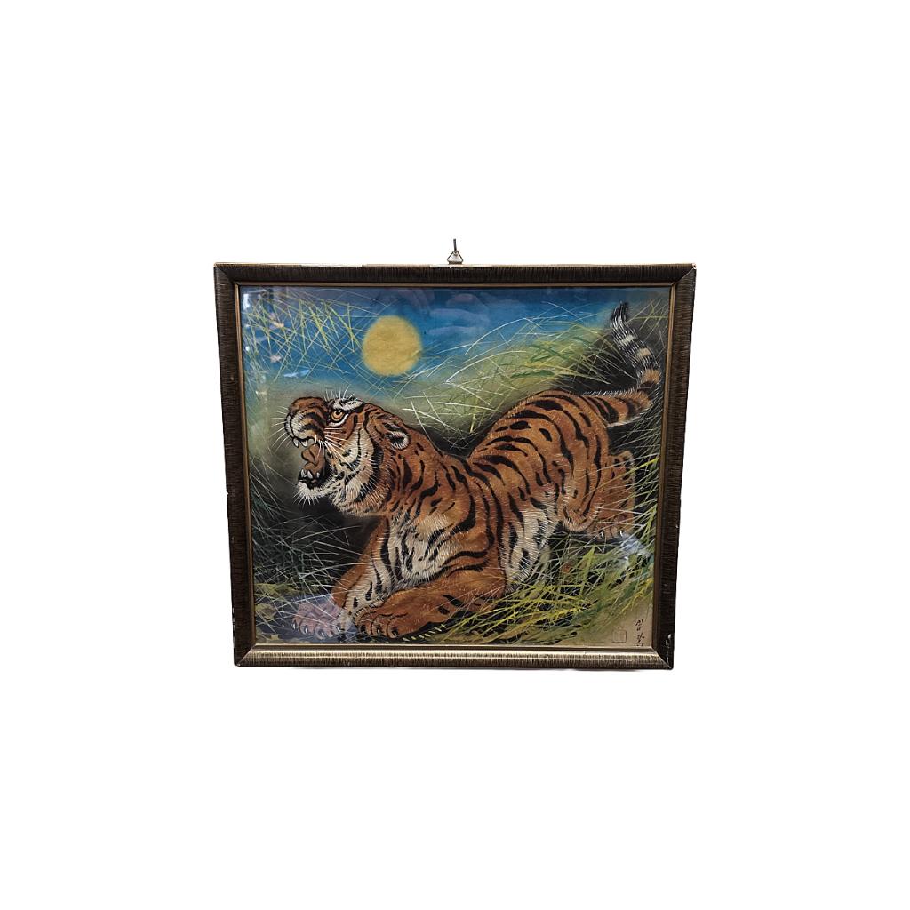 Vintage Japanse schilderij op zijde met Tijger, jaren 50, Antiek en Kunst, Kunst | Niet-Westerse kunst, Ophalen of Verzenden