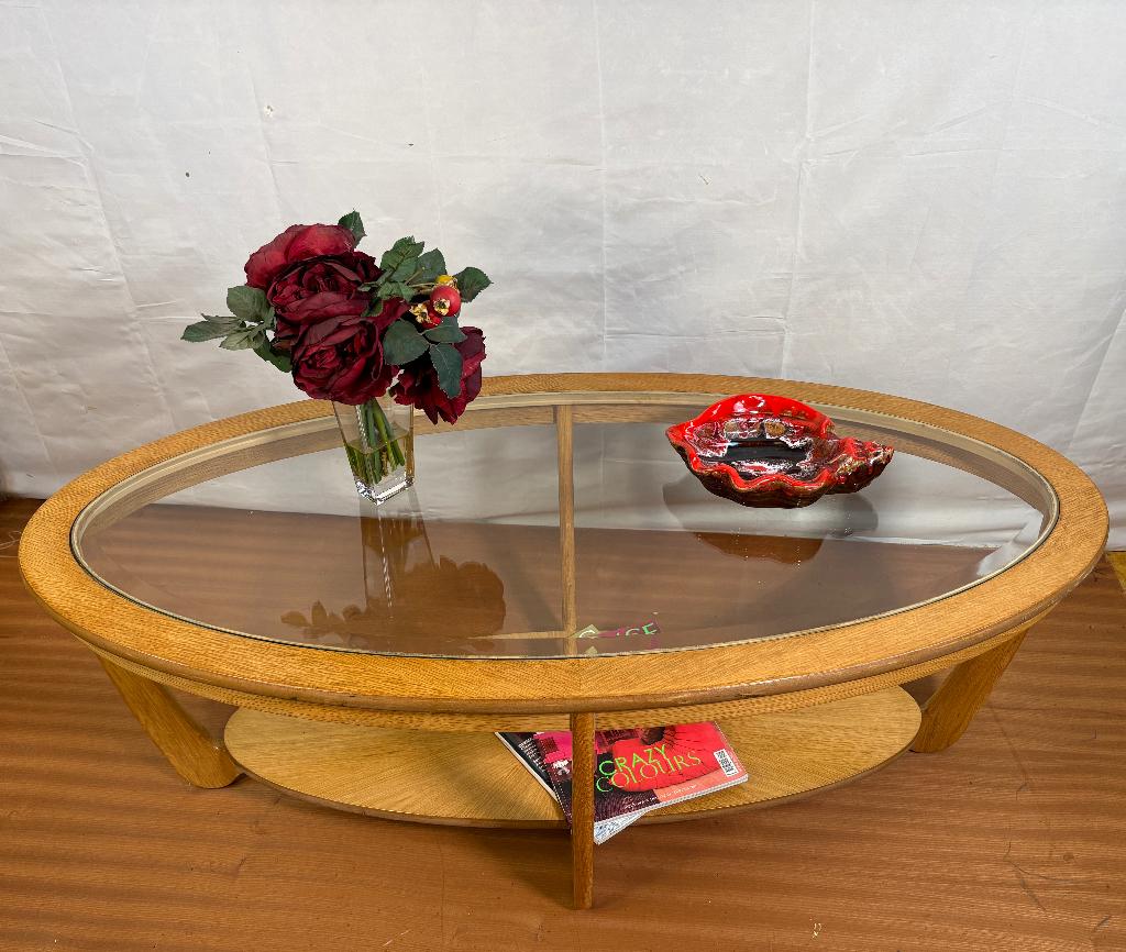 Gratis bezorging!MidCentury Retro VintageStijlSalontafeleike, Huis en Inrichting, Tafels | Salontafels, Glas, Gebruikt, 100 tot 150 cm