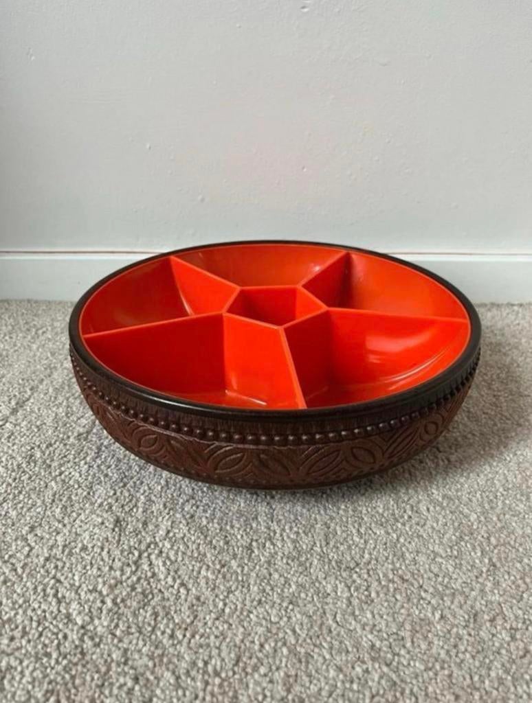 Vintage Emsa hapjesbak, 24x24x6,5cm. 70s, 60s, vak bohemian, Overige materialen, Gebruikt, Verzenden, Schaal of Schalen