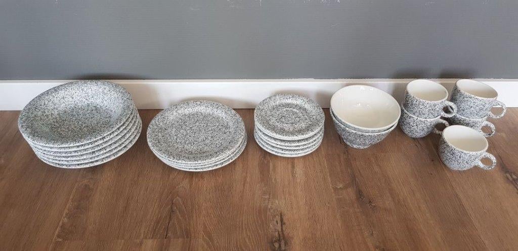 Grijze spikkeltjes serviesset, Keramiek, Nieuw, Ophalen of Verzenden, Overige stijlen