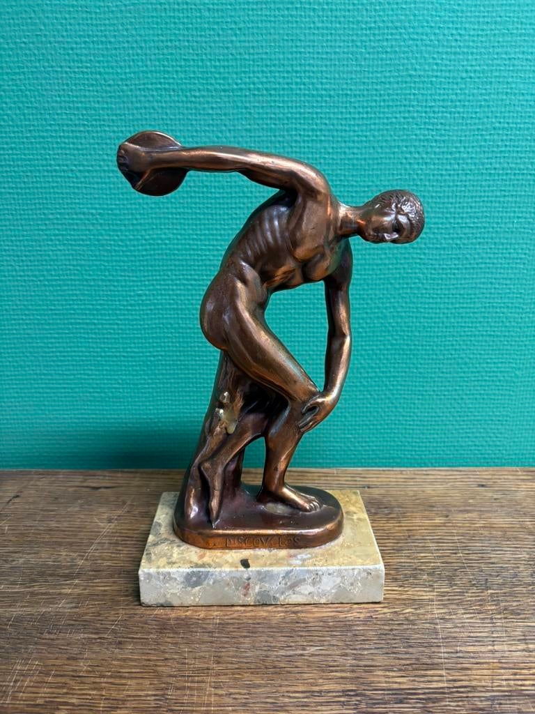 Antieke koperen beeld ‘Discuswerper’, Antiek en Kunst, Antiek | Koper en Brons, Ophalen of Verzenden, Koper