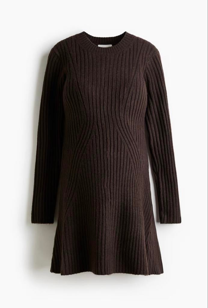 H&M Mama Ribgebreide Jurk Maat L, Kleding | Dames, Jurken, Zo goed als nieuw, Maat 42/44 (L), Bruin, Boven de knie, Ophalen of Verzenden