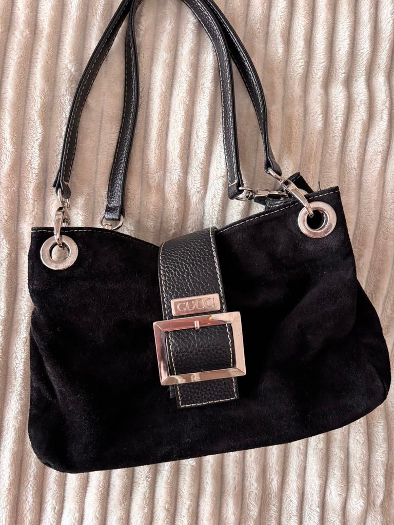 Vintage Gucci Bag, zwart suede en leer, zilveren hardware, Verzenden, Zo goed als nieuw, Zwart, Handtas