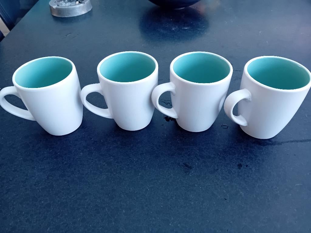 4 mat-wit/groen mokken JAMIE OLIVER /koffie kop /mok/, Huis en Inrichting, Keuken | Servies, Gebruikt, Ophalen of Verzenden, Overige stijlen