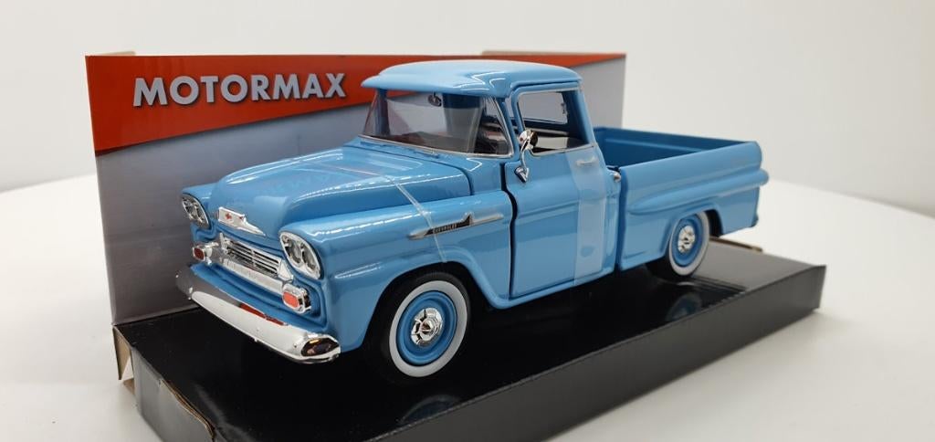 Chevrolet Apache Fleetside 1958 Pick Up lichtblauw 1:24, Ophalen of Verzenden, Nieuw, Auto, Motormax