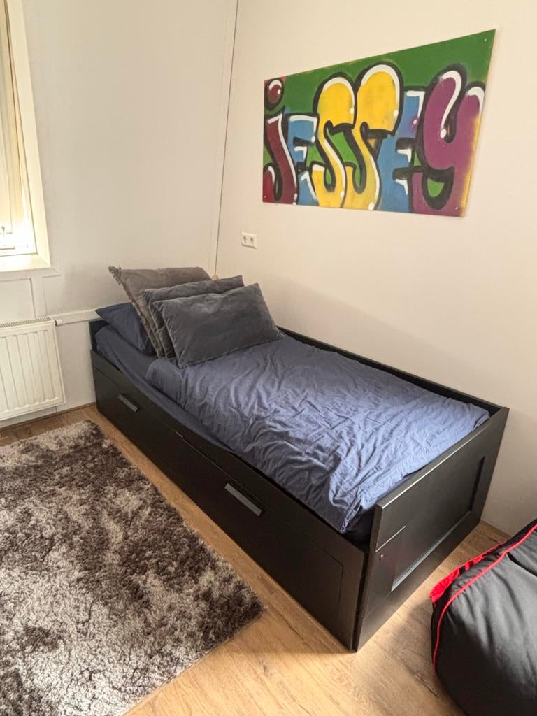 Eenpersoons IKEA bed brimnes bedbank met lades, Ophalen, 90 cm, Eenpersoons, Zwart
