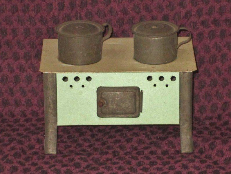 Oud kinderfornuisje met 2 pannetjes - poppenfornuis, Ophalen of Verzenden