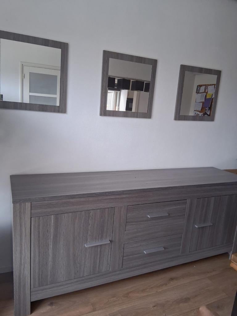 Complete set: Dressoir, barkast en eettafel in grijs hout, Ophalen, Gebruikt, Met deur(en), 150 tot 200 cm