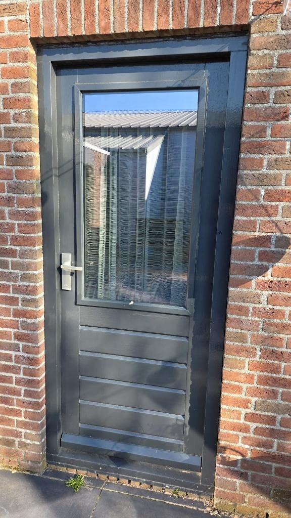 Merbau buitendeur met glas en beslag (2 suks), Ophalen, Gebruikt, 80 tot 100 cm, Buitendeur