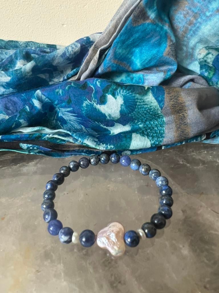 Lapis lazuli parel zoetwater beschermt aura intuïtie, Met bedels of kralen, Blauw, Nieuw, Ophalen of Verzenden