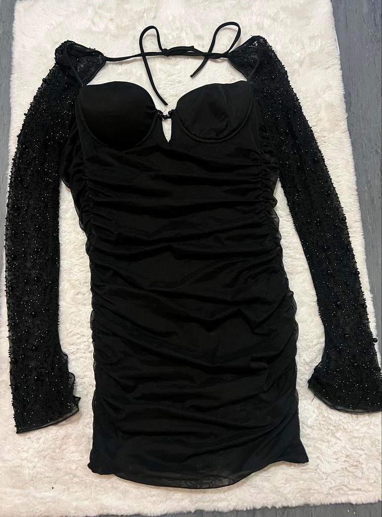 Oh Polly Zwart mini-jurkje met lange mouwen en parels, Zwart, Ophalen of Verzenden, Zo goed als nieuw, Maat 36 (S)