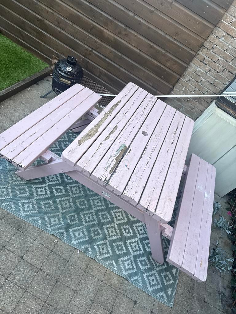 GRATIS Roze picknicktafel - opknapper, Tuin en Terras, Picknicktafels, Ophalen, Gebruikt, Rechthoekig, Hout
