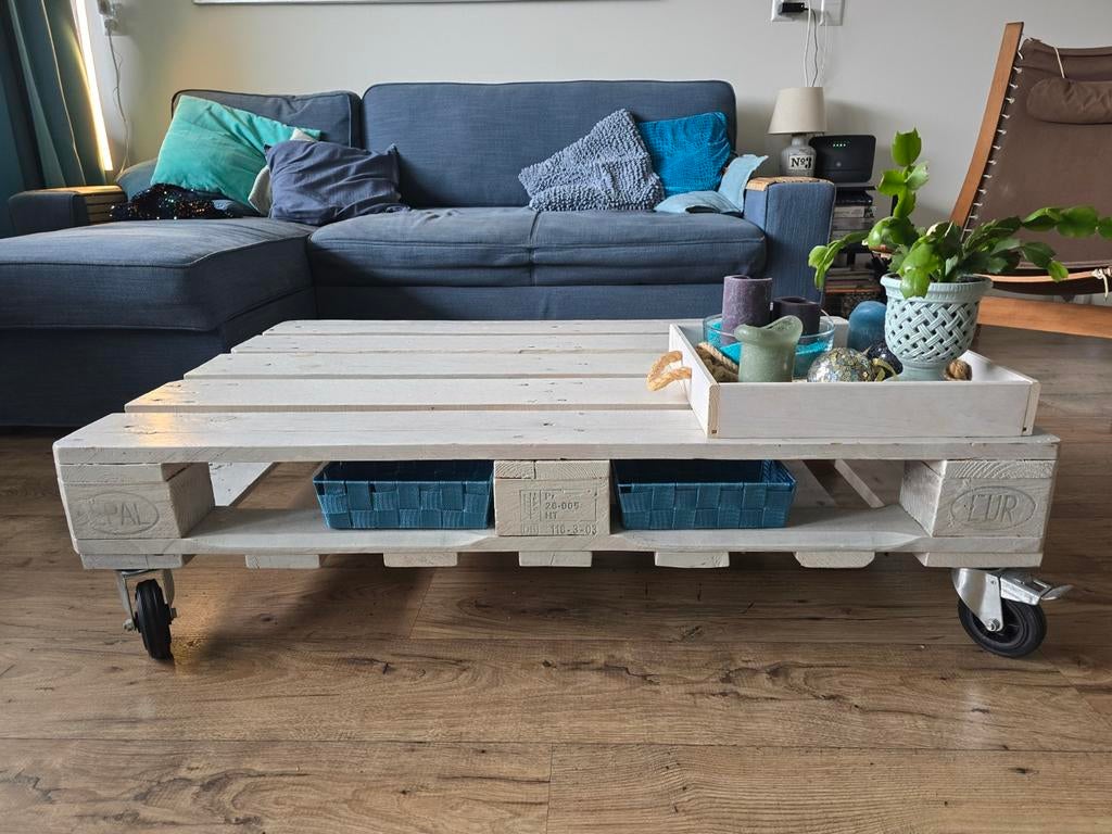 Pallet salontafel op robuuste wielen, Gebruikt, 50 tot 100 cm, 100 tot 150 cm, Ophalen of Verzenden