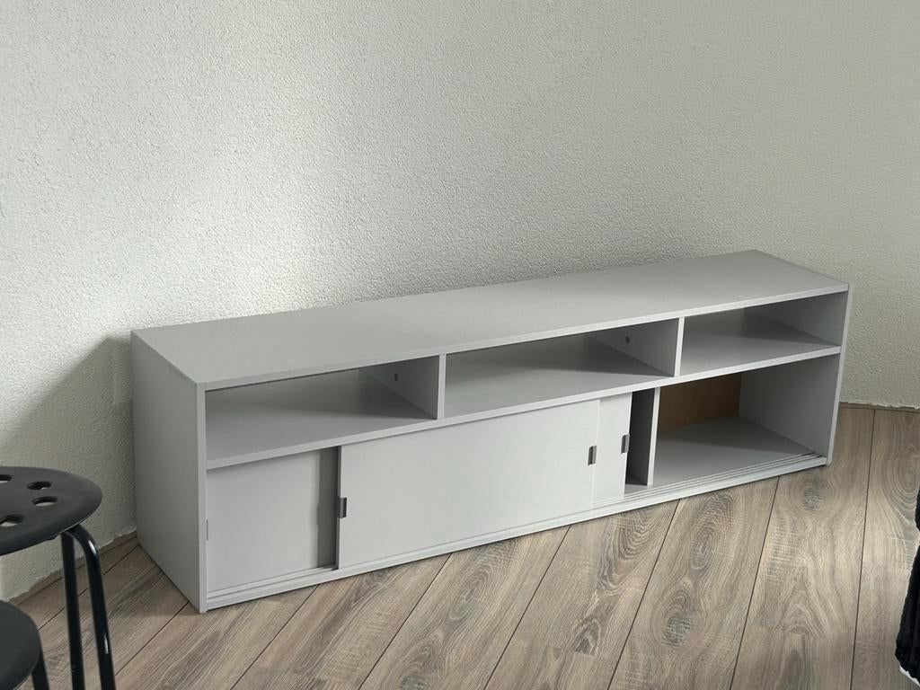Grijze tv-meubel met schuifdeuren, Ophalen, Gebruikt, 100 tot 150 cm, Minder dan 100 cm