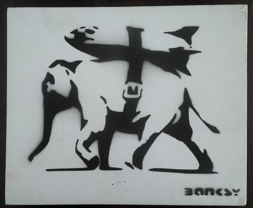 Banksy Heavy weaponry graffiti schilderij, Antiek en Kunst, Ophalen of Verzenden