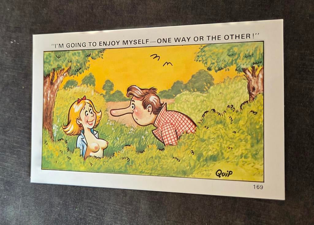 Blote vrouw en man met grote neus in de bosjes, Verzamelen, Ansichtkaarten | Themakaarten, Ophalen of Verzenden, 1960 tot 1980